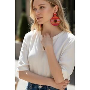 Kay Lee Red Pink Round Striped Beaded Earrings New